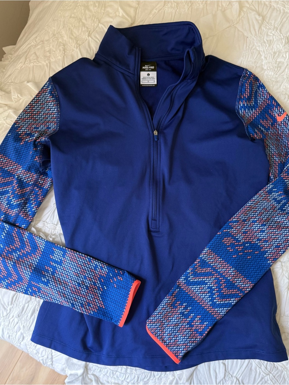 Nike Women's Royal Blue Half-Zip Pullover with Patterned Sleeves
